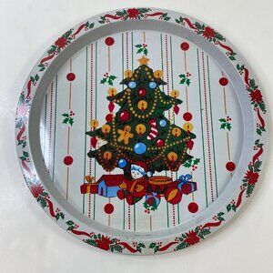 Vintage Christmas Metal Tray Festive Tree Toys Stripes Holly Ornament Design